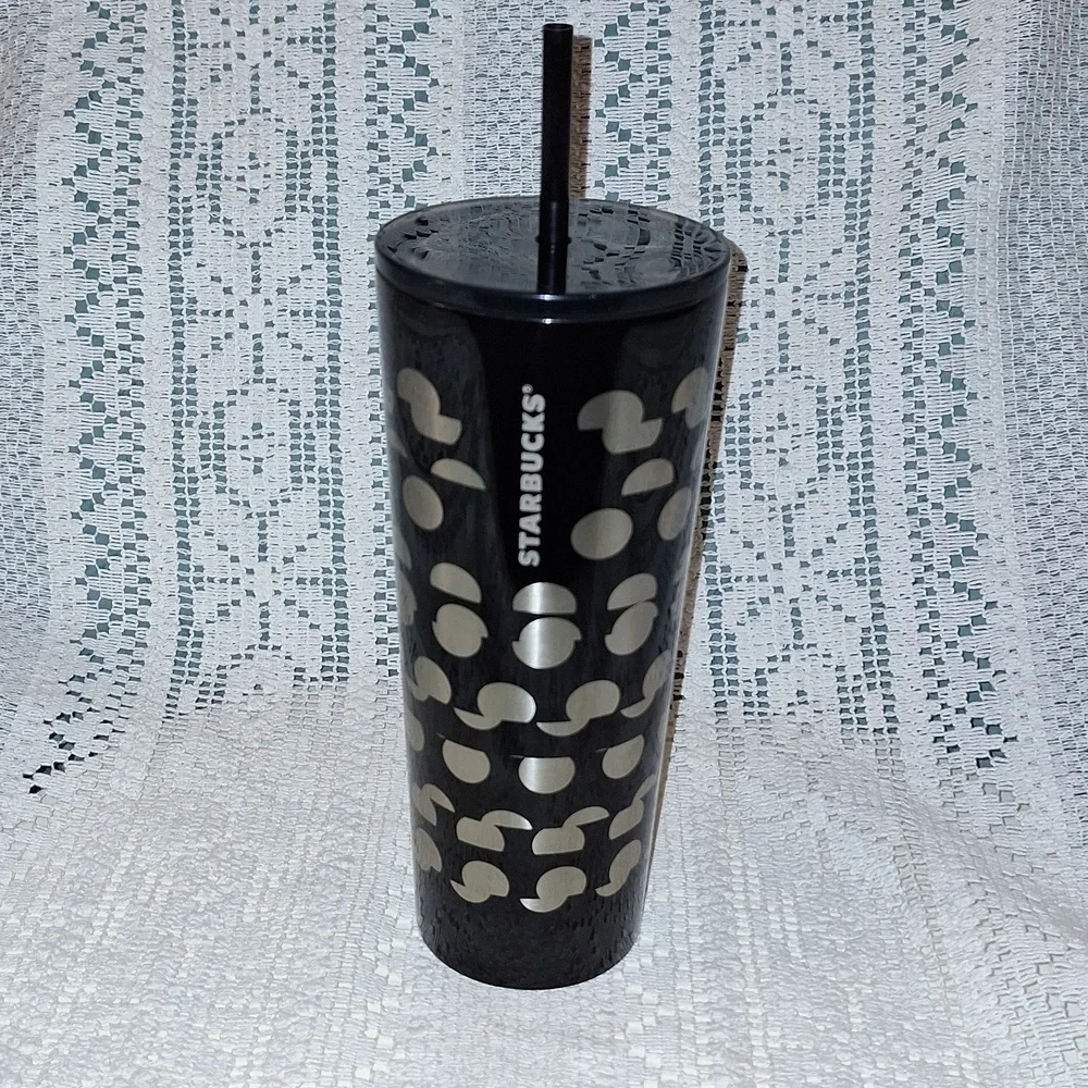 Starbucks Black Silver Polka Dot Print Stainless Steel Cold Cup 24 oz Tumbler